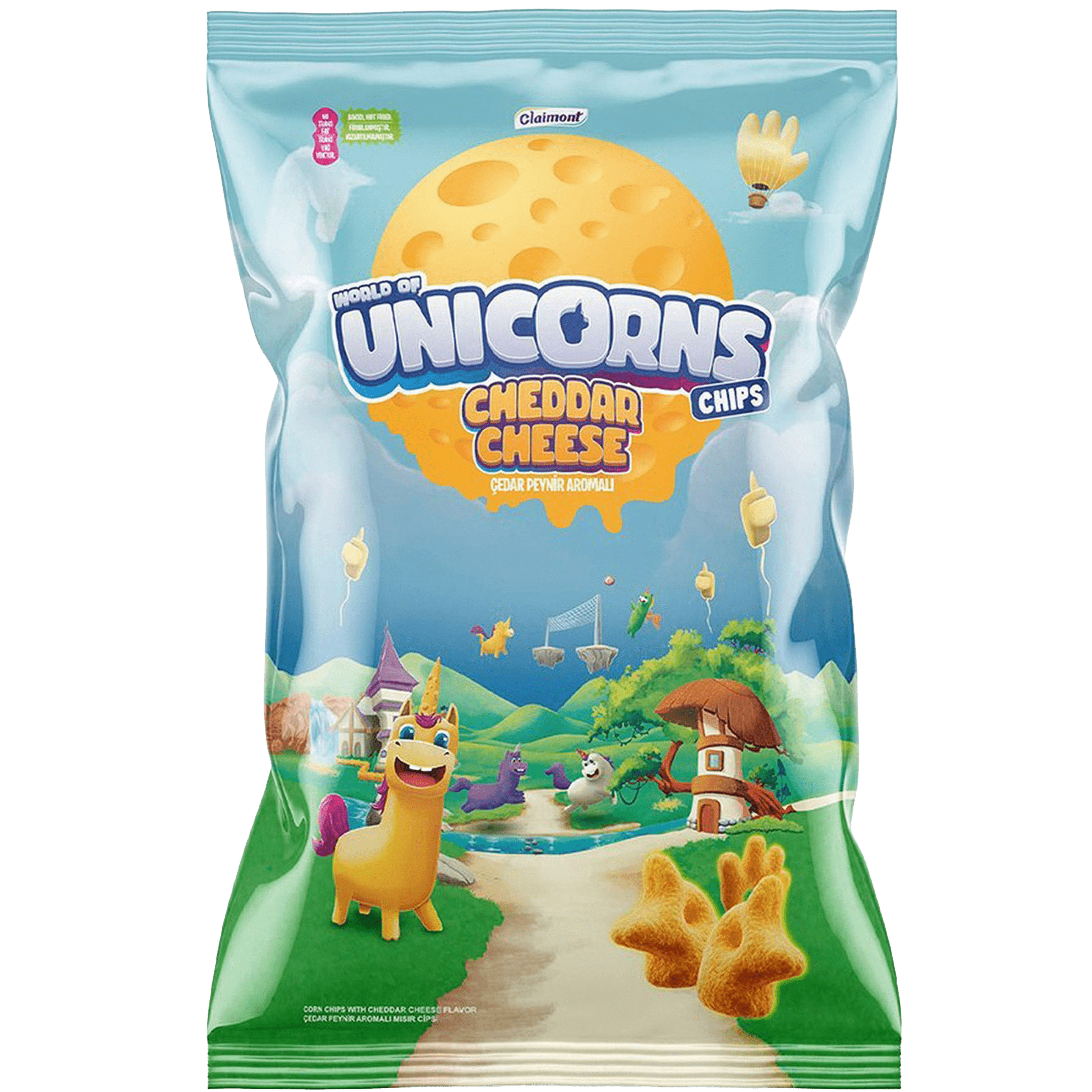 2 Zakken Claimont World of Unicorns Chips Cheddar Cheese 70g