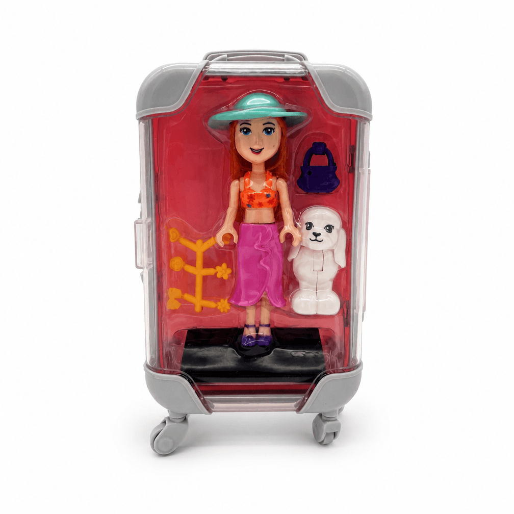 Popje 10 cm met hond in koffer, 5 assorti kleuren