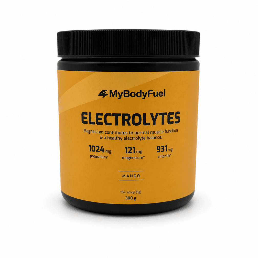 Zak MyBodyFuel Elektrolyten, smaak mango, geel, 300 g