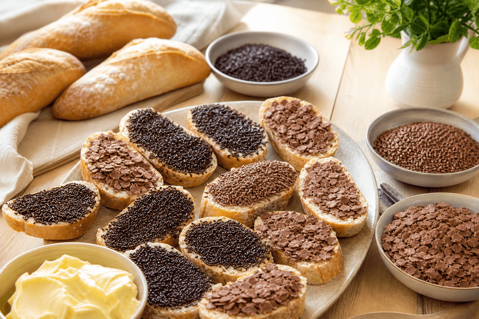 Dubbel beleg boterhammenplank: hagelslag en chocoladevlokken