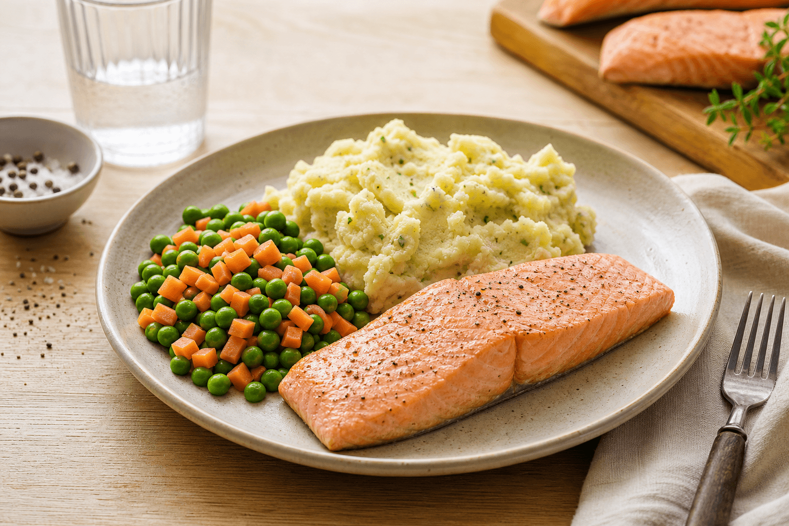 Zalmfilet met aardappelpuree en doperwten-wortel