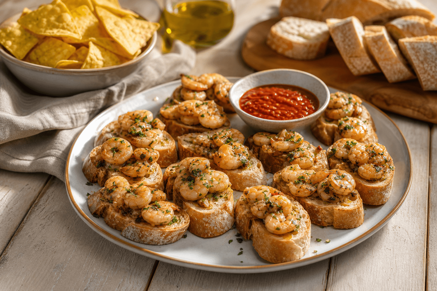 Truffelgarnalen op geroosterde baguette met sambal-dip