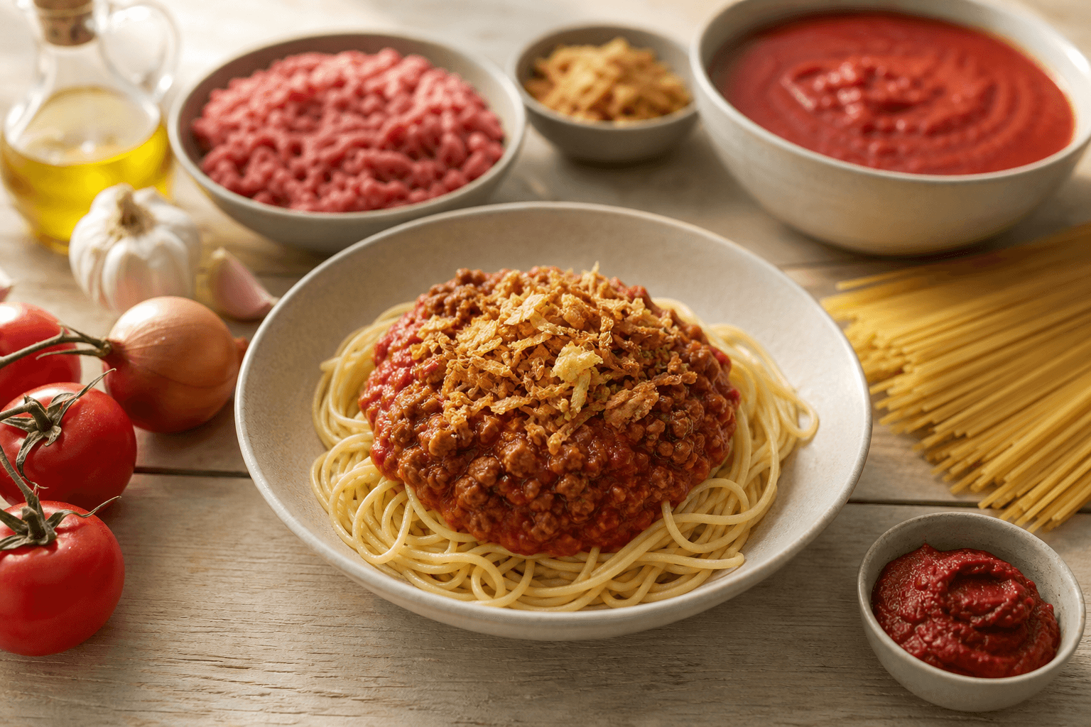 Spaghetti bolognese met gebakken ui