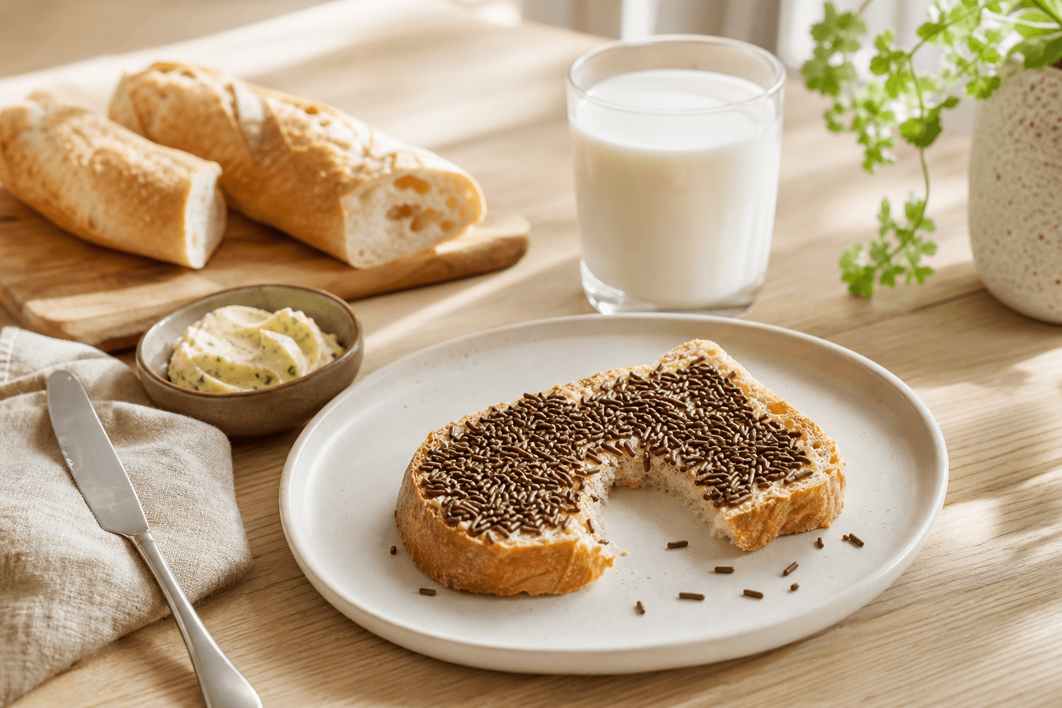 Boterham met hagelslag en warme melk