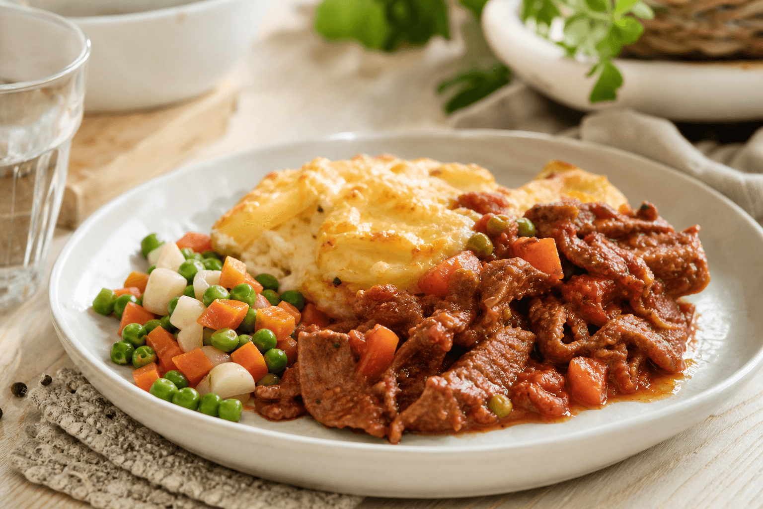 Ovenschotel met kalfsdöner, aardappelgratin en wintergroenten