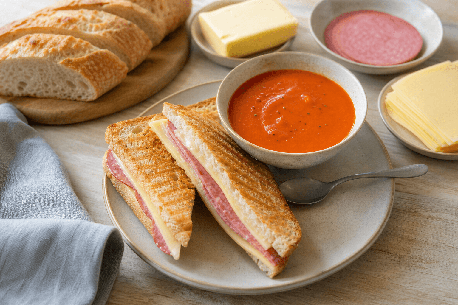 Tosti kaas-kalkoensalami met tomatensoep