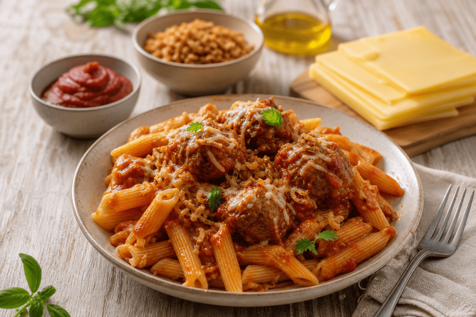 Herfstse pastaschotel met gehaktballen in tomatensaus