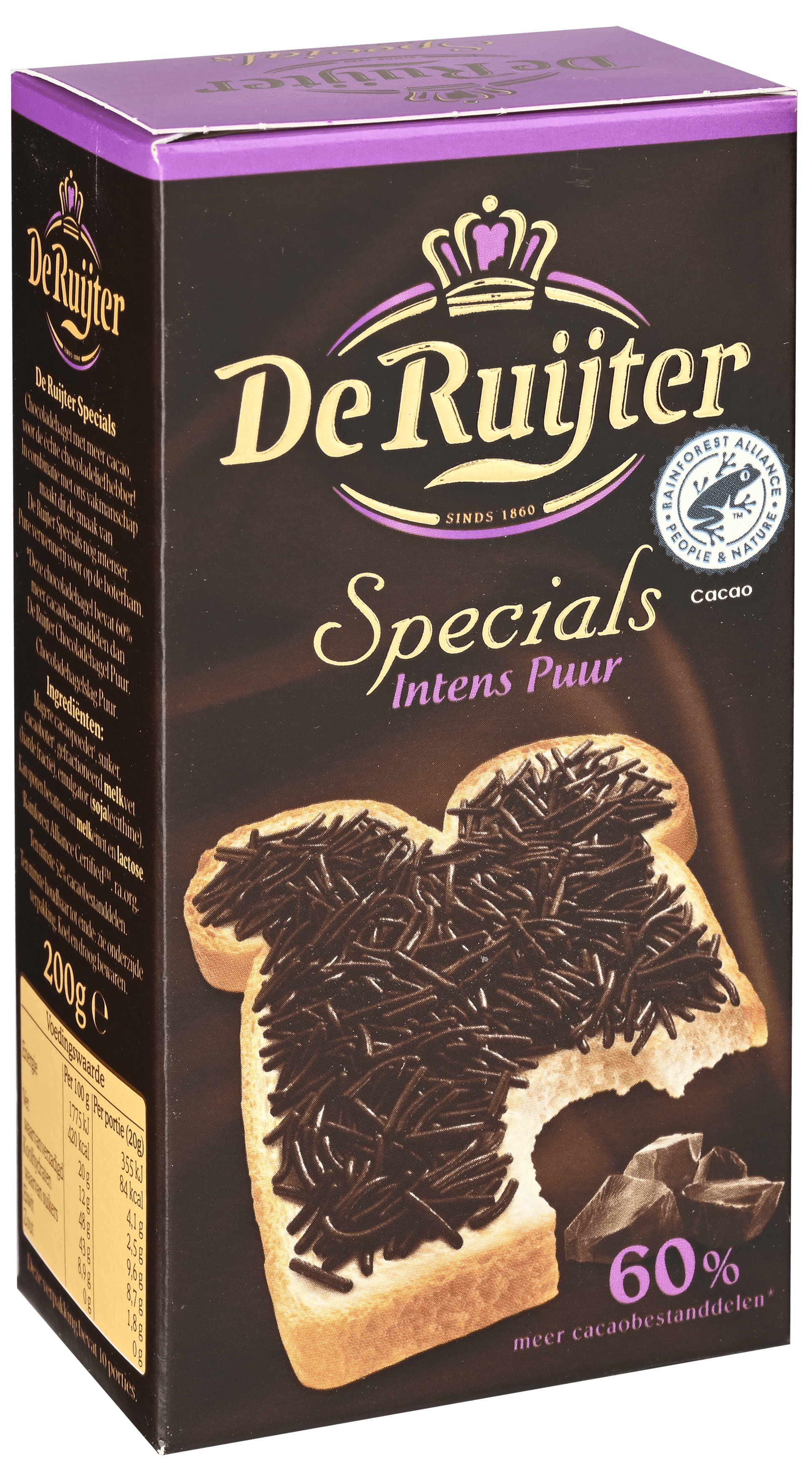 Pak De Ruijter Specials hagelslag intens puur, 2 x 200 g