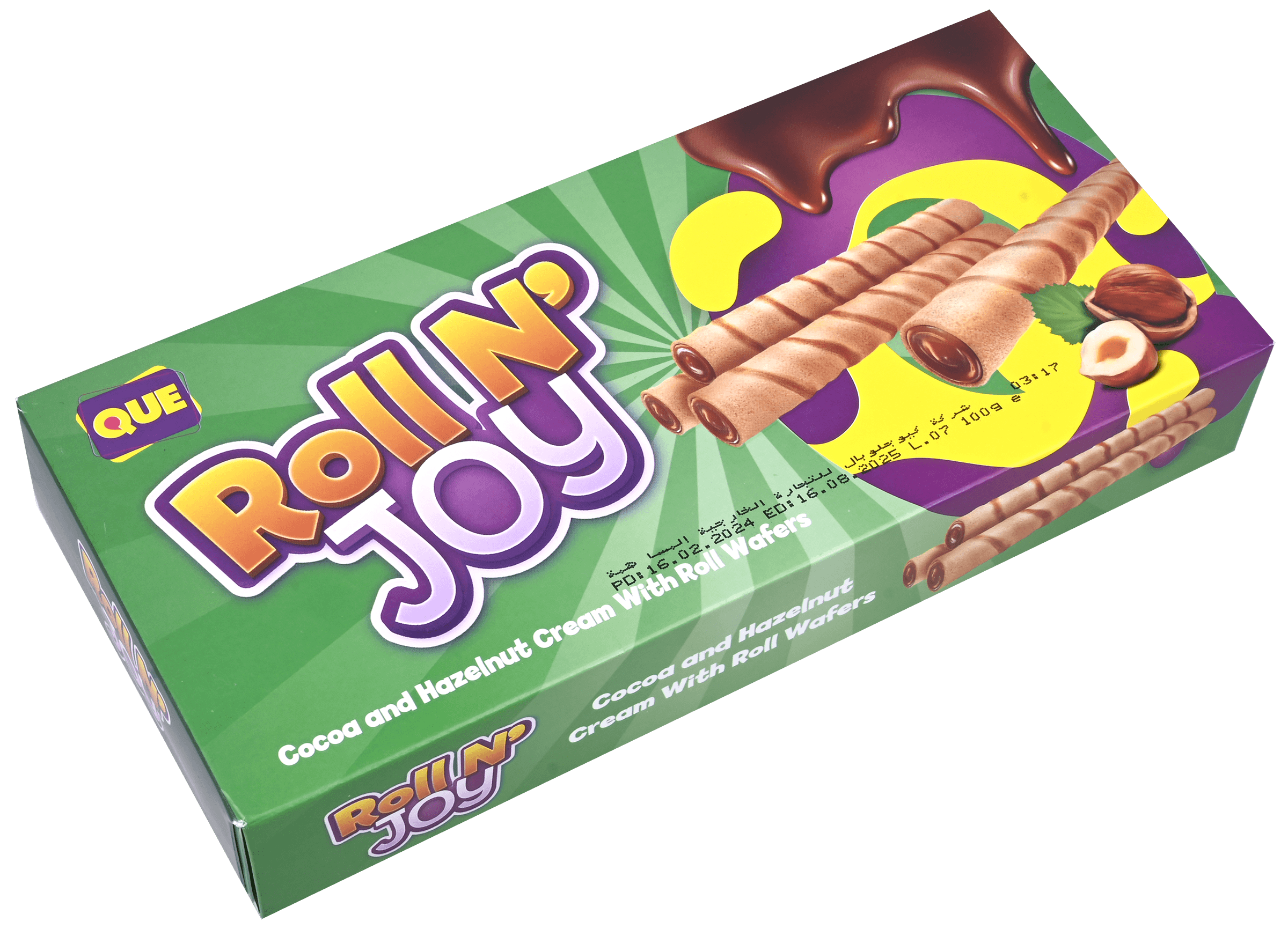 3 pakken Que 'Roll N' Joy Hazelnut Cream Roll Wafers 100g