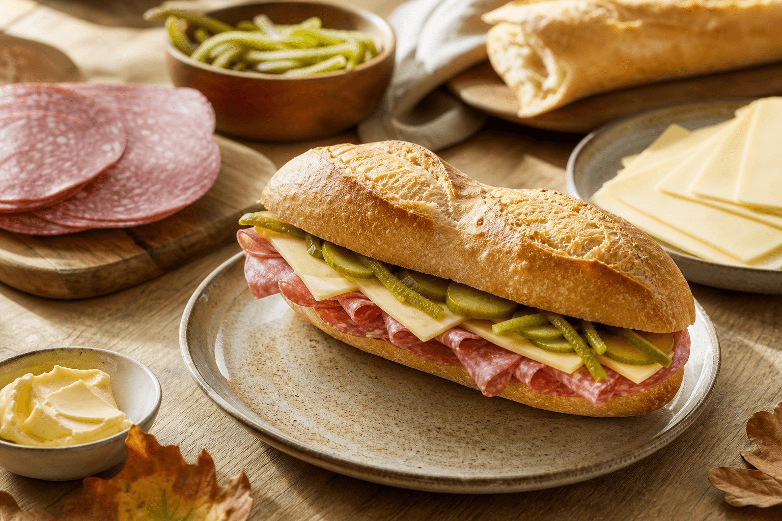 Herfstbaguette met kalkoensalami, gouda en augurk