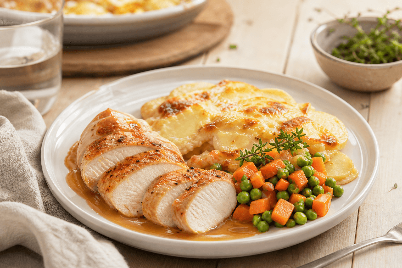 Herfstse kipschotel met aardappelgratin en erwten-wortel