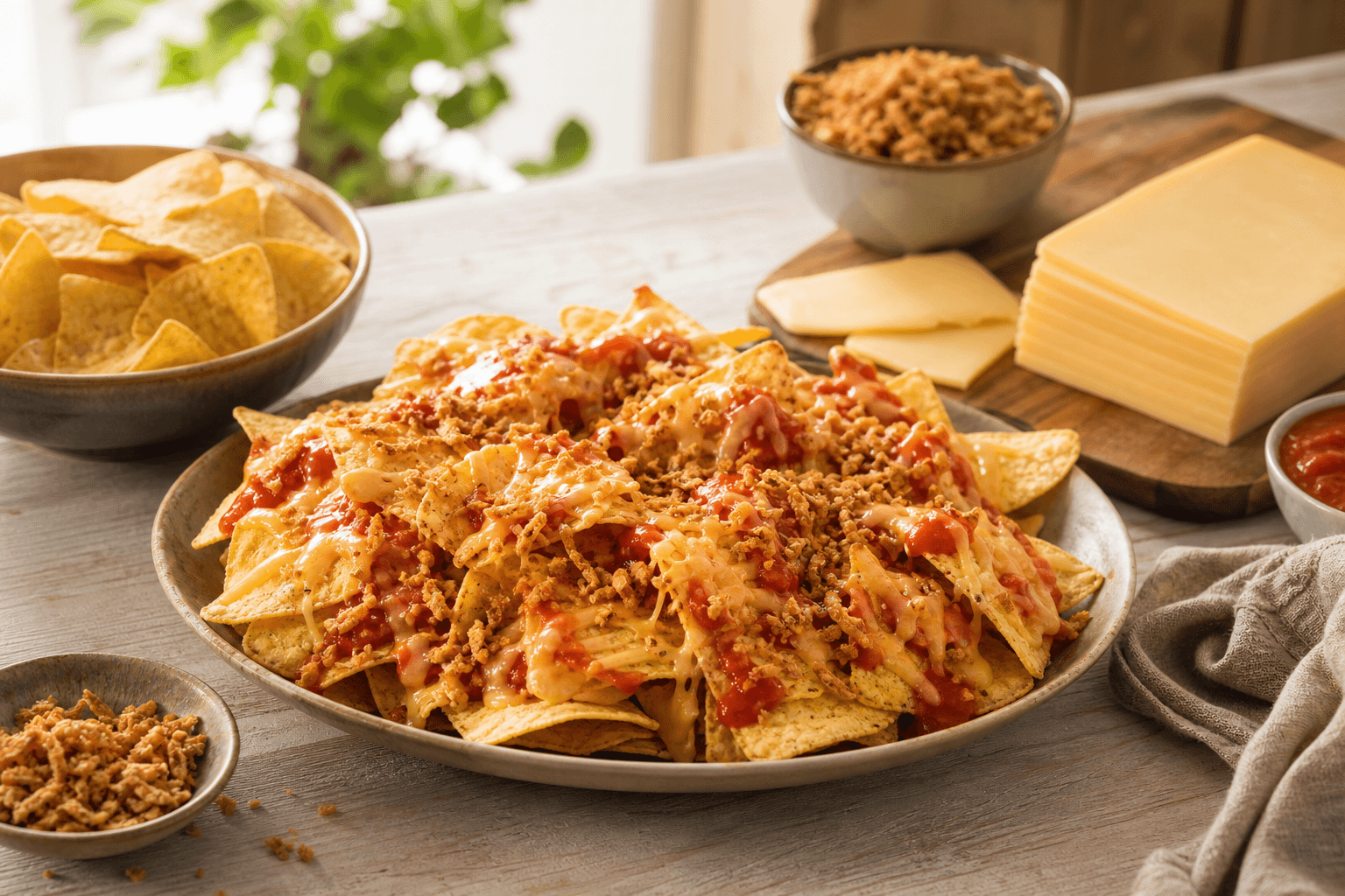 Nacho's met kaas, tomatensaus en gebakken ui