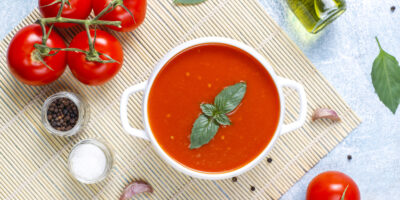 Tomato soup with basil bowl