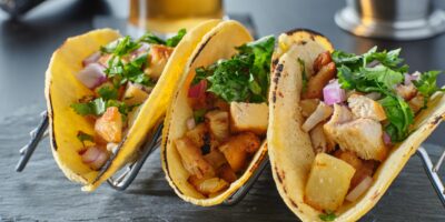 Tasty grilled pineapple chicken street tacos metal tray min