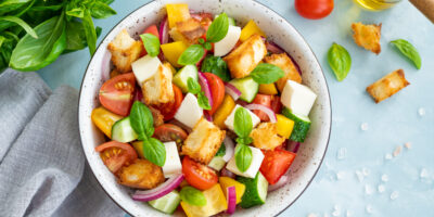 Panzanella salad italian bread fresh vegetable salad copy space