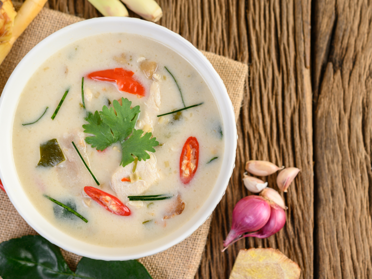 Tom kha kai bowl with kaffir lime leaves lemongrass red onion galangal chilli